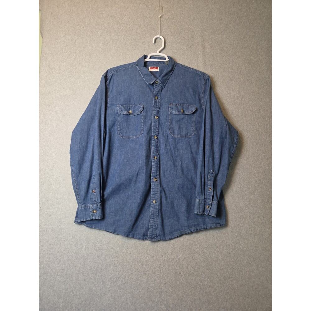 Wrangler Med Wash Denim LS Button Up Shirt Men's 2XL Pockets Cotton Stretch